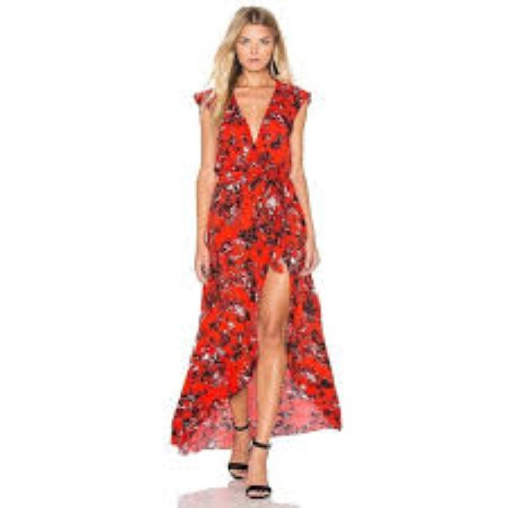 KARINA GRIMALDI Artsy Red Black White Abstract Floral Tamara Print Dress Maxi M